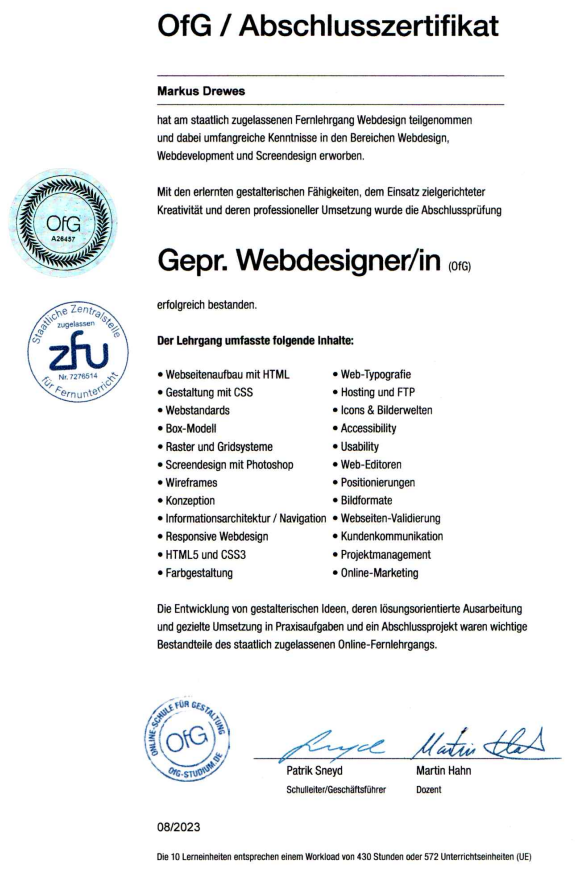 Zertifikat Webdesign